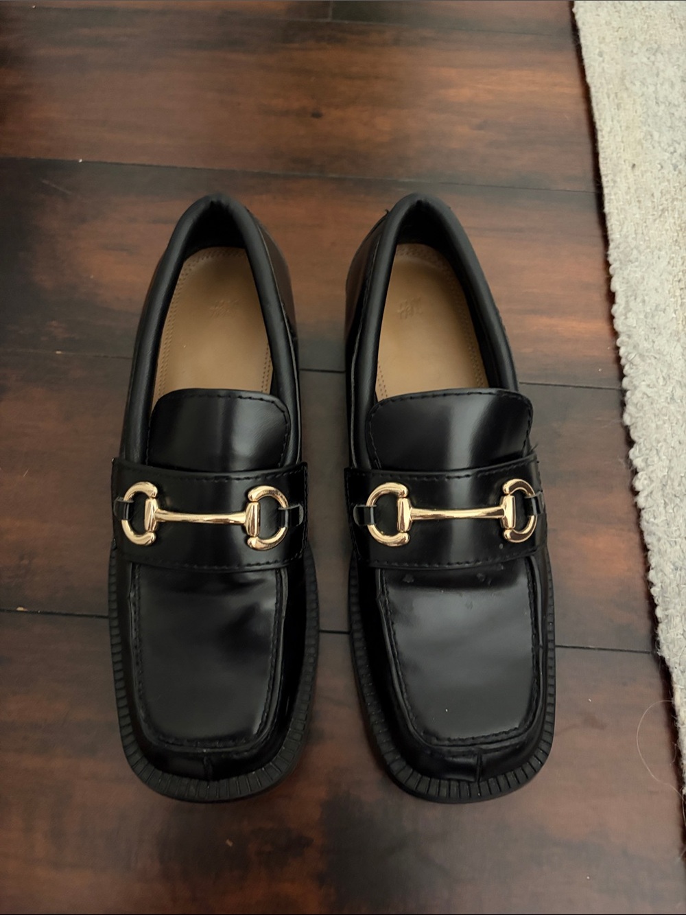 H&M Black Leather Loafers with Gold Horsebit Detail
